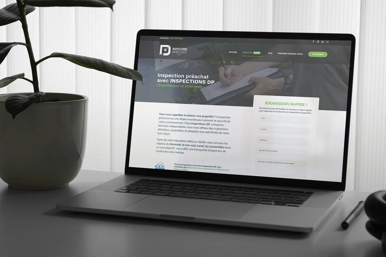 Capture d'écran du site web d'Inspections DP, entreprise spécialisée dans l'inspection préachat de bâtiments, avec un formulaire de soumission rapide et une mise en page moderne axée sur la confiance et la transparence.